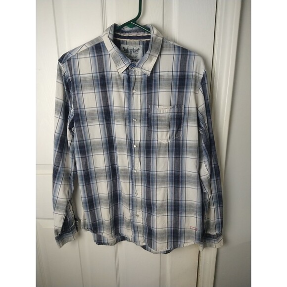 Levis Mens M Blue White Plaid Pearl Snap Shirt Spread Collar Pockets Cowboy - Picture 1 of 7